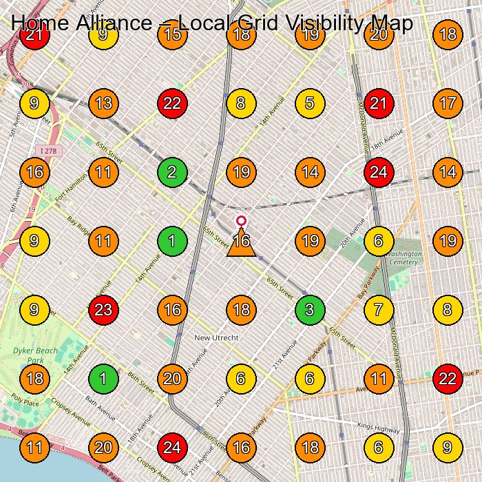 Home Alliance Appliance Store GeoGrid ranking map for Brooklyn NY